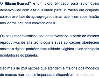  O GlassGuard® é um vidro blindado para automóveis desenvolvido com alta qualidade para utilização em conjunto com os overlaps de aço agregados à carroceria em substituição aos vidros originais convencionais. Os conjuntos balísticos são desenvolvidos a partir de moldes reprodutivos de alta tecnologia e suas aplicações obedecem aos mais rígidos padrões de qualidade exigidos pelas principais montadoras do planeta. São mais de 250 opções que atendem a maioria dos modelos de marcas nacionais e importadas disponíveis no mercado. 